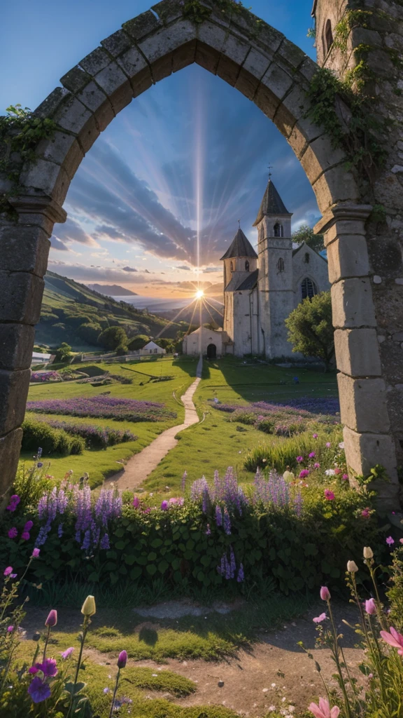 Medieval church with and bell, in a valley of flowers overlooking the sea. Sunset with rays of light and shadow in harmony. Mystic.