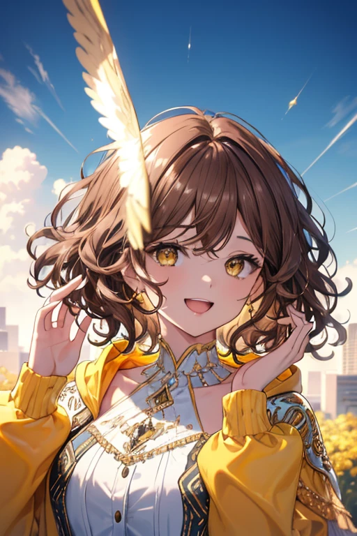 High definition RAW color art, Animation,sculptures, Silver Marble Skin, (((Ultra detailed elegant))), Detailed skin, Texture,(Intricately detailed, Fine detail, ultra-detail art), depth of fields, Bokeh, Silky Touch, Hyper Detail, (vivid yellow), beautiful eyes, elegant face, surprised face, view from above, sunny blue sky,yellow hoodie,((yellow eyes)),(((short wavy brown hair))),(((jumping))),(((Big laugh))),((bangs pinned back)),((hands up)),