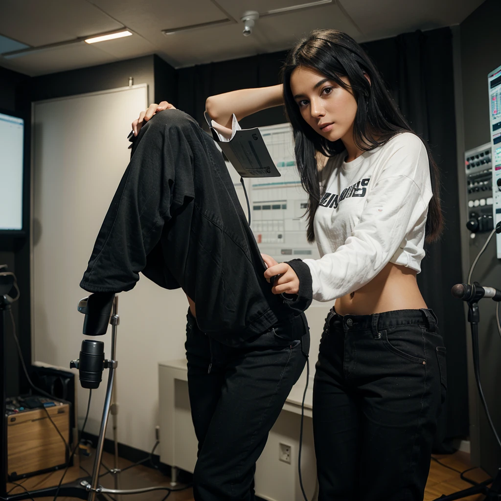 Beautiful black-haired girl in music producer studio, constantly at microphone, ultra realist, Pissing in her pants
