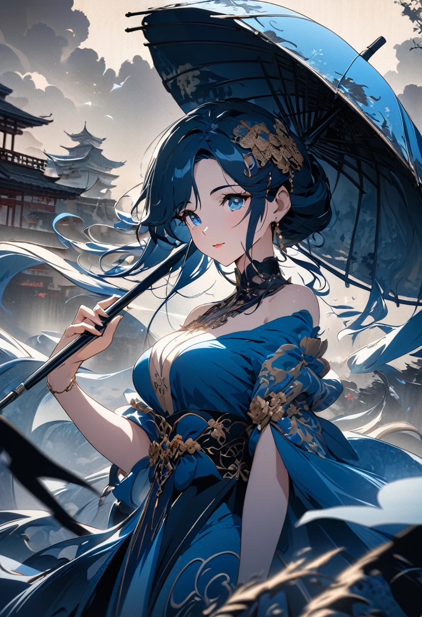 Perfect anatomical structure of one wearing a blue dress(Elegant and flying)woman holding light basket-colored umbrella under moonlight(close up) The correct anatomical structure of the oriental beautiful girl umbrella is beautiful and elegant. A masterpiece of art. The background is abstract and blurry clouds. Oriental ink painting is ethereal and dreamy. The style of ink painting is clean and clear. The color is super detailed. Animation art. Perfect composition. Intricate details. Meticulous digital art.