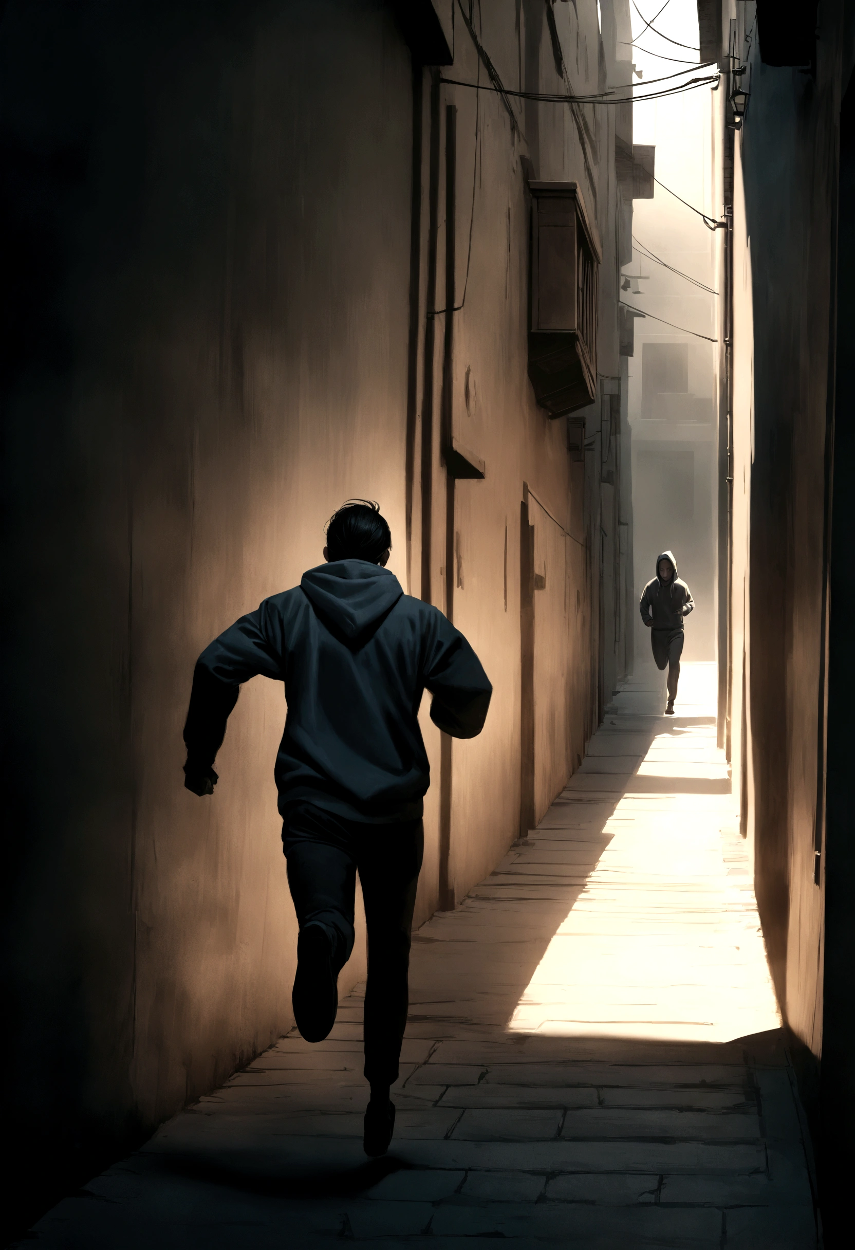"A thin man with short black hair, wearing a hoodie, running backwards through a dark alley, minimalist character, 8k resolution, high definition, photorealistic, cinematic lighting, melancholic atmosphere, dramatic shadows, muted color palette."






