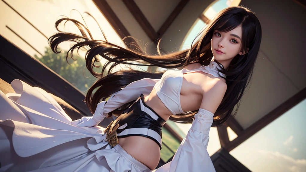 (Extremely-detailed, trending on Artstation, sharp focus, intricate details, highly detailed), (masterpiece:1.4), (best quality:1.4), depth of field, chromatic aberration, 3d animated cartoon, vibrant, colorful, Ink, Perfect Anatomy, (Dynamic pose:1.2), 1 girl, solo, brunette hair, Shoulder-Length Hair, Coarse Hair, Shoulder-Length Curls, wavy hair, black eyes, fine eyes, small breasts, collarbone, long sleeves, white crop top, frilled skirt, fingerless gloves,full body, smiling, arched back, attractive curves, slender athletic body