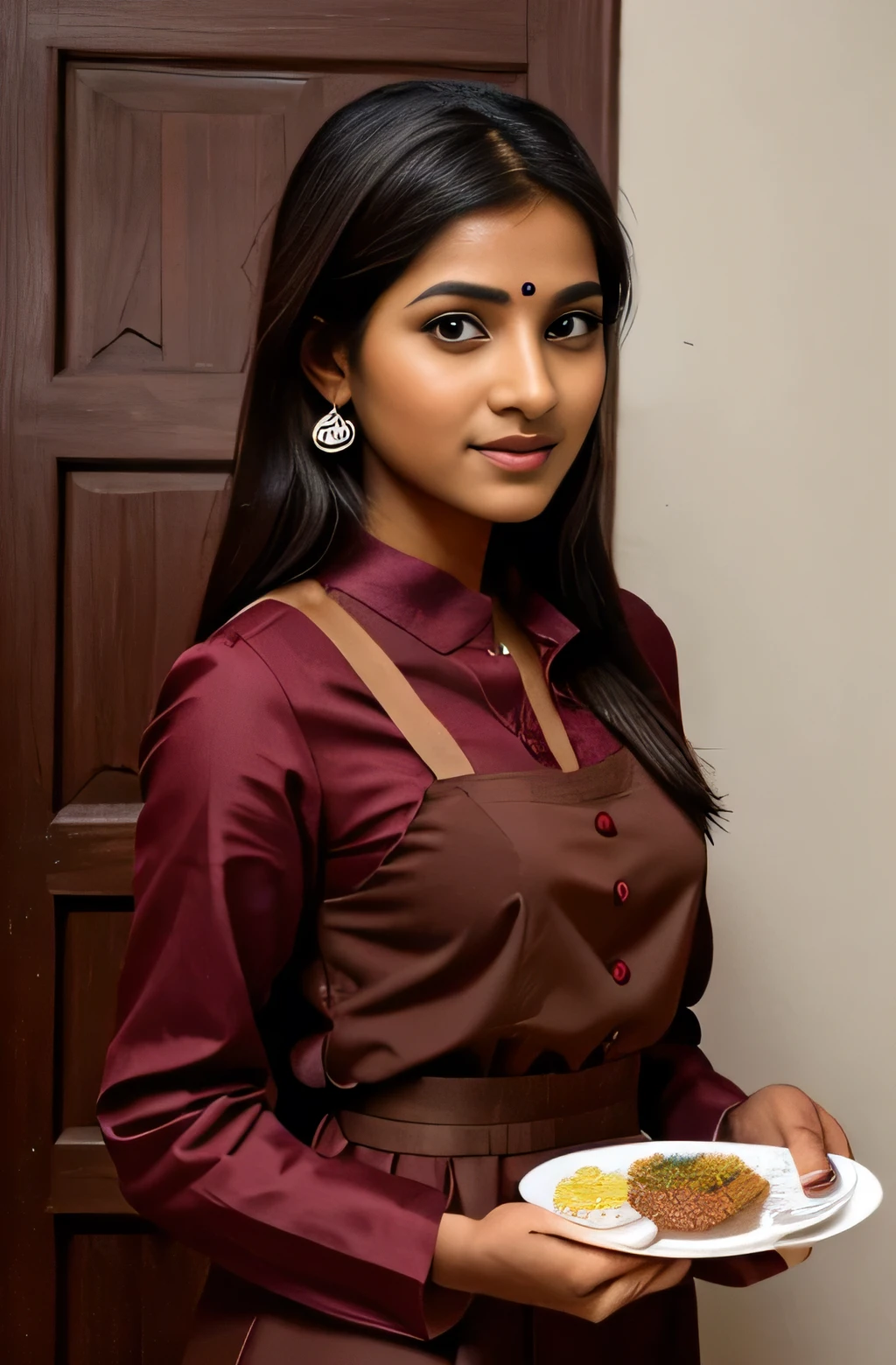 Created a Indian girls wearing a maid  long outfit in maroon and brown colour outfit and service me food and open her mouth and looking on camera 