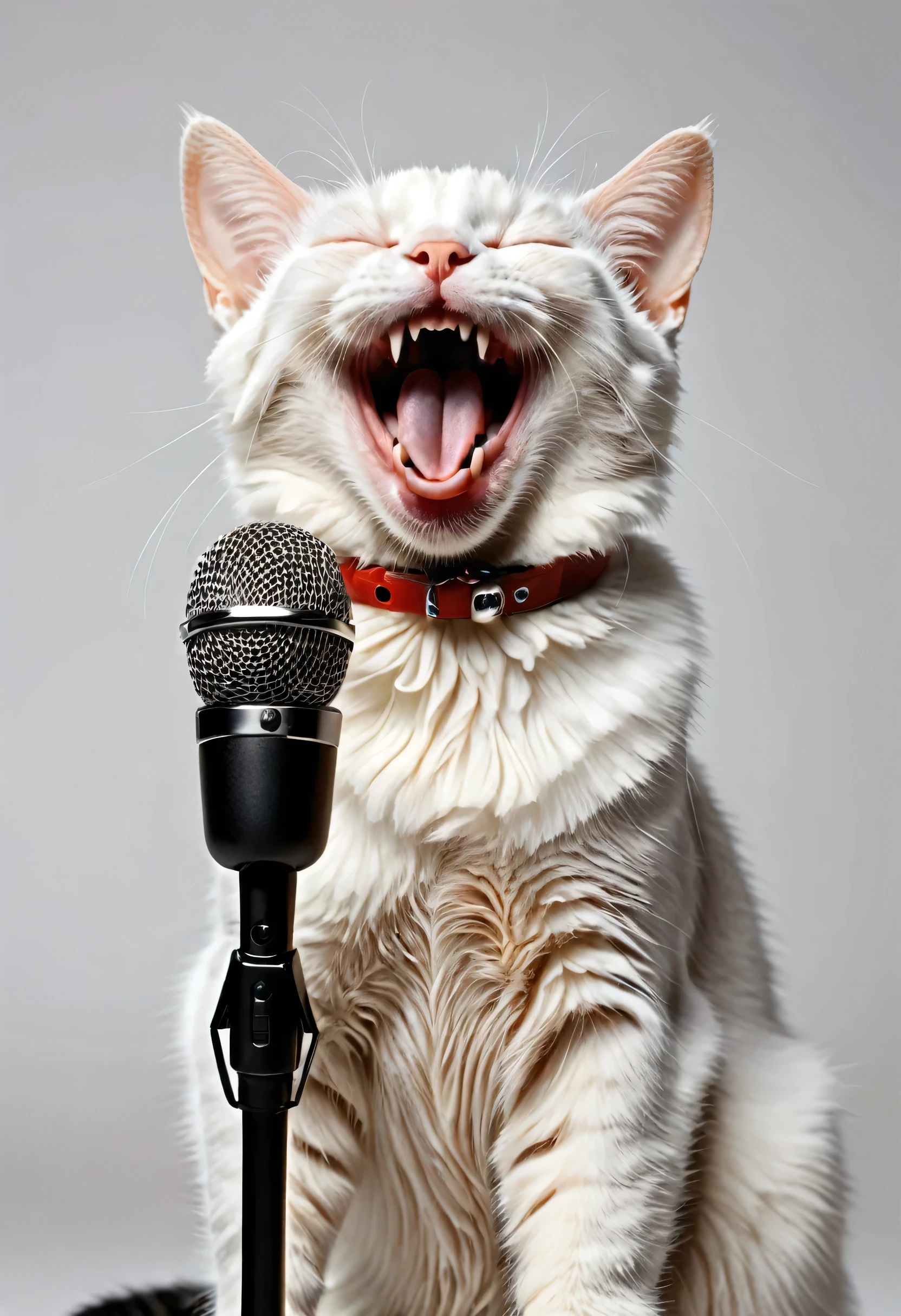 amazing quality, ultra detailed, super realistic, cat rock , happy cat, cute cat, white cat, kind and cutty cat, concert, smile, singing, extremely detailed, there is a cat that is singing song,  happy cat, a cat is smiling, smiling cat, happy with his mouth open, funny cat, soft lulling tongue, cat photo, laughing and yelling, cute cat photo, with mouth open, cat, smileeeeeee, photo of a cat, white background, music playing, cat singing with microphone, mouse open, realistic cat. eyes closed in pleasure, red collar. A cat has 30 teeth: 14 are located on the upper jaw, another 16 on the lower jaw. Of these, four are canines (two per jaw), 12 are incisors (6 per jaw), and the remaining 14 are so-called molars, that is, molars and premolars. make teeth natural looking and detailed. shiny red collar