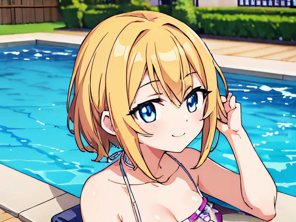 ((masterpiece)), ((best quality)), (ultra-detailed), anime style, pool, a cute girl, 1girl, solo, ((beautiful eyes)), smile, bikini00,