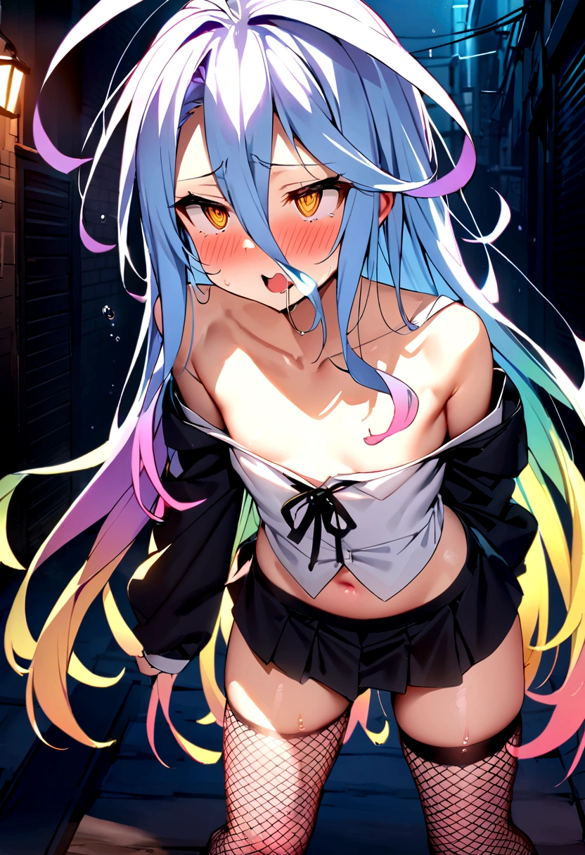 NSFW,masterpiece,Highest quality,High resolution,Super detailed,Shiro \(no game No life\),Long Hair,Multicolored Hair,Hair between the eyes,Gradient Hair,Yellow Eyes,Flat Chest,Slave,Off the shoulder,cropped,Micro Mini Skirt,Fishnet tights,Downtown at night,alley,Oho face,Embarrassed,blush,Leg spread,orgasm,Falling into Pleasure,Climax,Squirting,Ahegao,Roll your eyes、squint,Prostitute,One man,Having sex