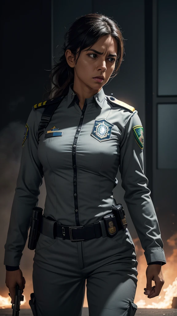 a female police officer in a grey uniform, Brazilian flag on the shoulder, firing a gun, highly detailed, cinematic lighting, dramatic pose, photorealistic, ultra-detailed, 8k, realistic, hyper-realistic, dramatic lighting, dramatic, intense, powerful, strong, focused, determined, intense expression, muscular, fit, heroic, action, dynamic