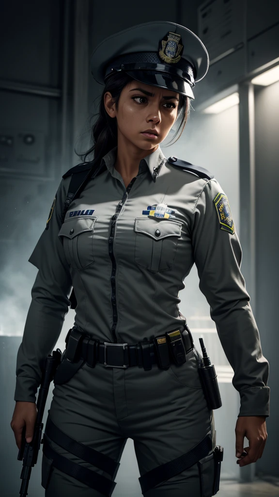 a female police officer in a grey uniform, Brazilian flag on the shoulder, firing a gun, highly detailed, cinematic lighting, dramatic pose, photorealistic, ultra-detailed, 8k, realistic, hyper-realistic, dramatic lighting, dramatic, intense, powerful, strong, focused, determined, intense expression, muscular, fit, heroic, action, dynamic