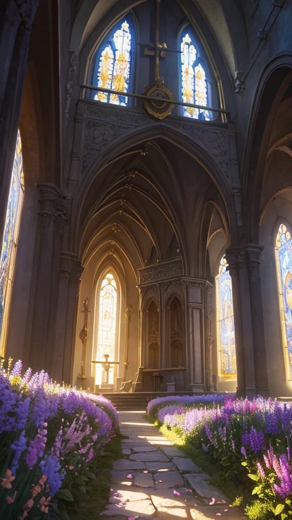 Medieval church with and bell, in a valley of flowers overlooking the sea. Sunset with rays of light and shadow in harmony. Mystic.