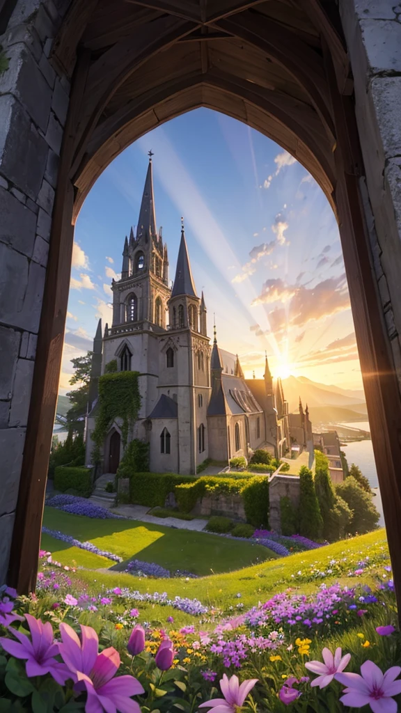 Medieval church with and bell, in a valley of flowers overlooking the sea. Sunset with rays of light and shadow in harmony. Mystic.