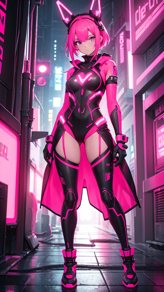 A woman in neon red and neon pink cybernetic outfit full body