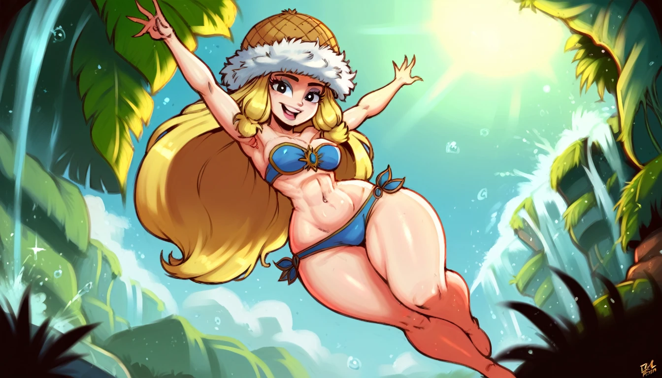 (masterpiece, best quality, Highly detailed, Highly detailed, High Quality, perfect quality, good quality, HDR, UHD), Score_9, score_8_up, score_7_up, score_6_up, 2d, RayNymph, (Helena_Headbasket), (((1girl, solo, alone))), (((yellow long hair, black eyes, wide hips, curvy))), light skin, looking at viewer, smile,
((( blue bikini , jumping, floating in the air, from below ))),
sexy pose, dynamic pose, dynamic angle, cowboy shot,
outdoor, epic jungle forest, dark, waterfall,