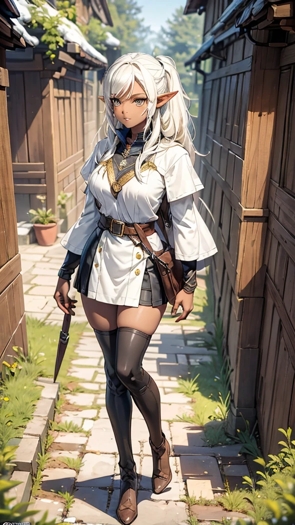 Features: An adventurous elf woman, with elven ears, brown skin, dark skinned, a slightly curvy but still flat body and thin waist. She has bright golden eyes, big eyes, snow white hair, medium length straight hair, twintail hair style, double ponytail hairstyle and curtain bangs. She has a neutral, apathetic expression on her face. Outfit: She wears black and white adventurer clothes. White coat with buttoned sleeves, a black and white striped shirt underneath, a medium-sized white skirt, a black belt, black tights and tall brown leather boots. Scenario: A dense pine forest by day.