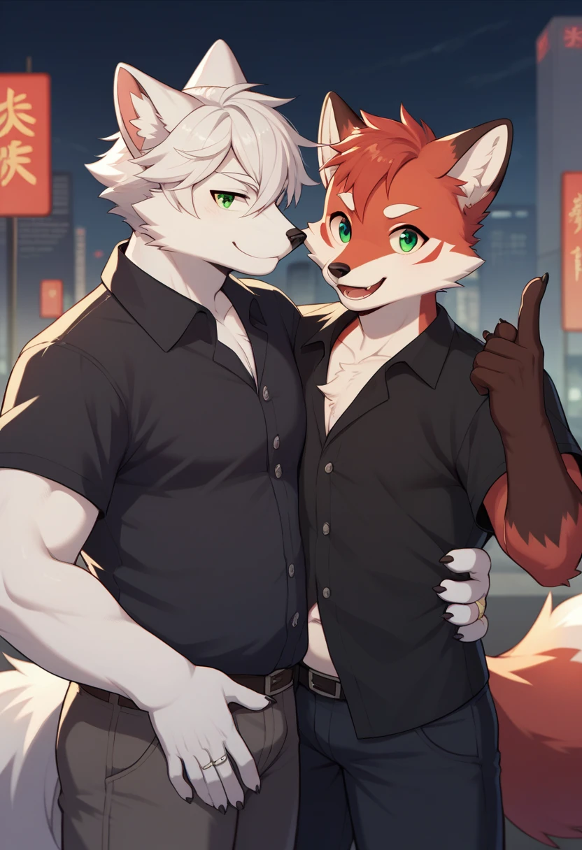 (by hioshiru and kenket and dimwitdog, michael amp inessa garmash, ruan jia, pino daeni, chunie), arctic fox, anthro, very chubby,green eyes, hair, fluffy tail , male , city background ,bedroom ,black royal clothes , king, standing, smiling, ring on finger, hugging, red fox