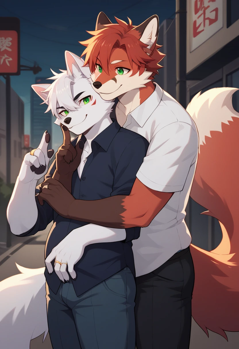 (by hioshiru and kenket and dimwitdog, michael amp inessa garmash, ruan jia, pino daeni, chunie), arctic fox, anthro, very chubby,green eyes, hair, fluffy tail , male , city background ,bedroom ,black royal clothes , king, standing, smiling, ring on finger, hugging, red fox