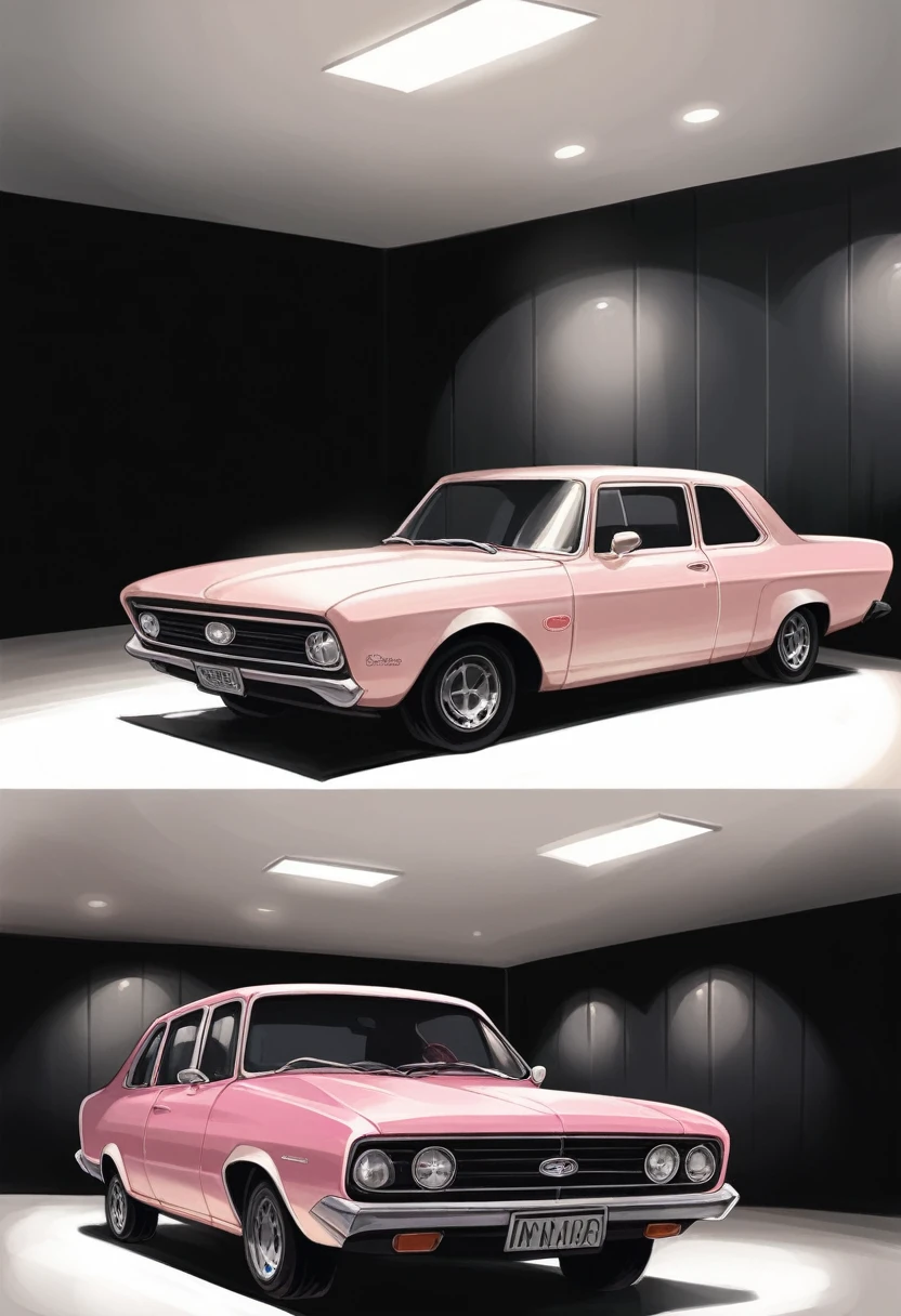 A logo for automotive aesthetics, with the writing Mega Som, and a 17m Ford Taunus car, pink with white ceiling, a man doing paint polish work on the car