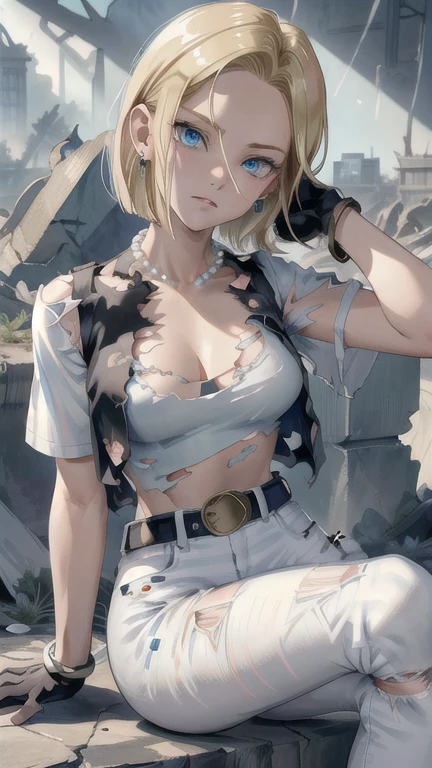 best quality, detailed breast, detailed nipples, detailed vagina, highres, and18, 1girl, android 18, solo, blonde hair, blue eyes, black gloves, white shirt, short hair, short sleeves, earrings, open vest, large breasts, (ruins:1.3), (torn clothes:2), sitting, expressionless, cleavage, spread legs, bare nipples, bare chest, bare ass, exposed, revealing, stripped, pornographic exposure,