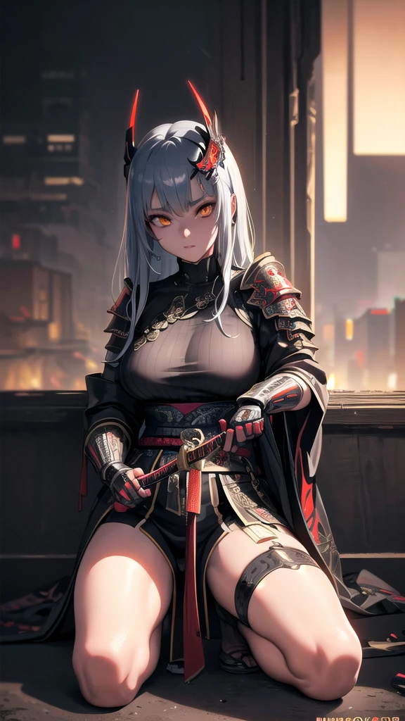 Hyperrealistic version of a woman kneeling down with a sword in her hand, very beautiful cyberpunk samurai, anime cyberpunk art, cyberpunk samurai, cyberpunk anime art, anime cyberpunk, cgsociety 9, digital cyberpunk anime art, style of maciej kuciara.1girl, samurai armor, helmet oni evil mask,intricate, ornaments detailed, cold colors, metal, egypician detail, highly intricate details, realistic light, trending on cgsociety, glowing eyes, facing camera, neon details, ultra realistic details, portrait full body, japanese atmosphere, global illumination, shadows, octane render, 8k, ultra sharp.cool lolita. 