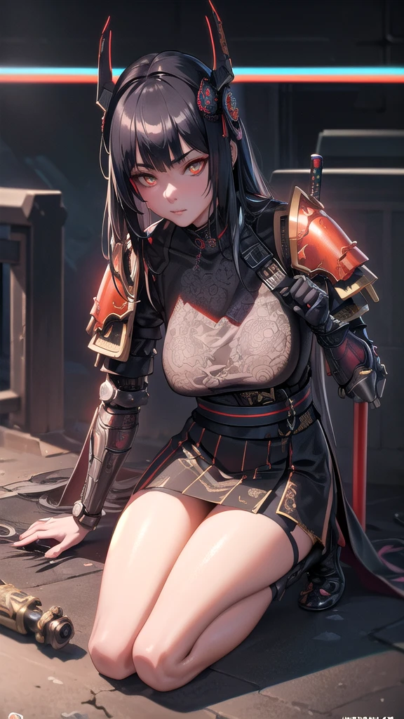 Anime girl wearing black and red clothes sitting on the ground, Ayaka Genshin impact, Translucent fluid flowing from the《Azure route》videogame, azur lane style, biomechanical oppai, ayaka game genshin impact, from the girl, 《Azure route》The character, render of april, Detailed pubic hair. Girl Front, Hanayama Minamata, Anime girls