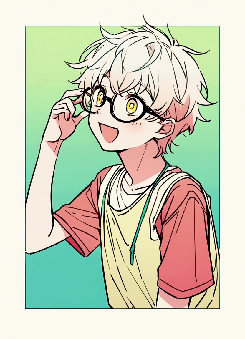 Create an anime-style illustration of a teenage boy. The boy should have an excited expression with an open mouth, similar to the girl in the reference image. He should have light-colored hair with a darker underlayer, styled in a slightly messy way. The boy should wear glasses with yellow-tinted lenses and a casual t-shirt with red sleeves. The background should be a simple, monochromatic teal with minimal line art details. The overall color palette should be consistent with the reference image, maintaining a light, pastel aesthetic."