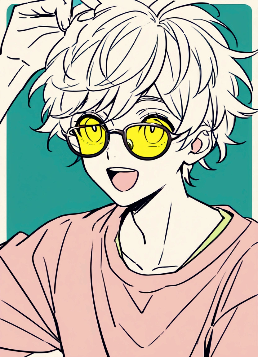 Create an anime-style illustration of a teenage boy. The boy should have an excited expression with an open mouth, similar to the girl in the reference image. He should have light-colored hair with a darker underlayer, styled in a slightly messy way. The boy should wear glasses with yellow-tinted lenses and a casual t-shirt with red sleeves. The background should be a simple, monochromatic teal with minimal line art details. The overall color palette should be consistent with the reference image, maintaining a light, pastel aesthetic."
