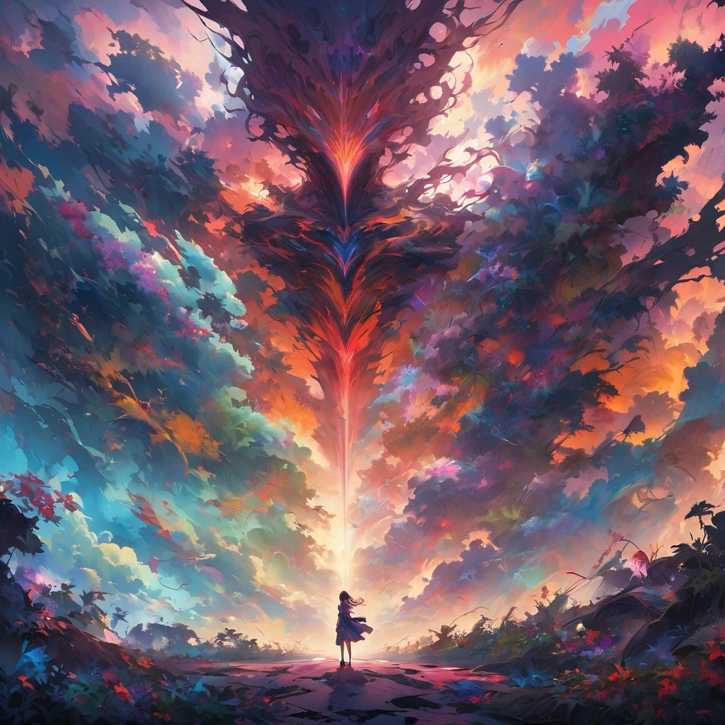 Render a scene using the color palette of the anime series "Neon Genesis Evangelion", featuring a giant robot fighting against a surreal and abstract background.