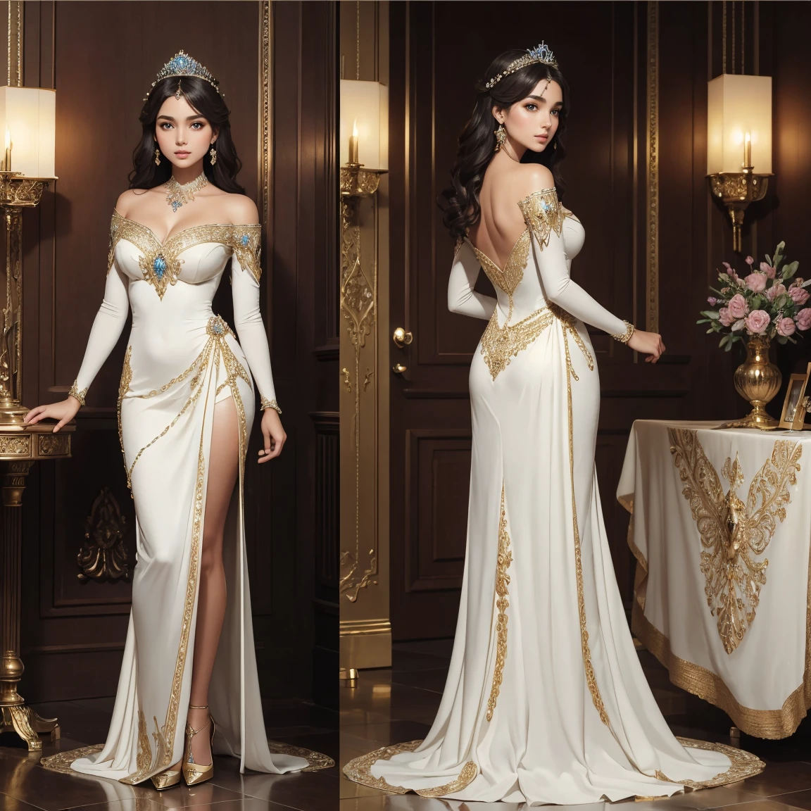 (masterpiece, highest quality), ultra detailed, high resolution, 16k, the most beautiful face in the world, highly detailed beautiful face and eyes, shiny skin, fine cloth texture, perfect anatomy, BREAK, (the incarnation of beauty:1.5), (goddess of beauty:1.5), (gorgeous and stunning princess:1.5), (perfect make-up:1.3), loving look, full of elegance. (full body:1.5), (three view drawing, front and back and side, character sheet:1.2)