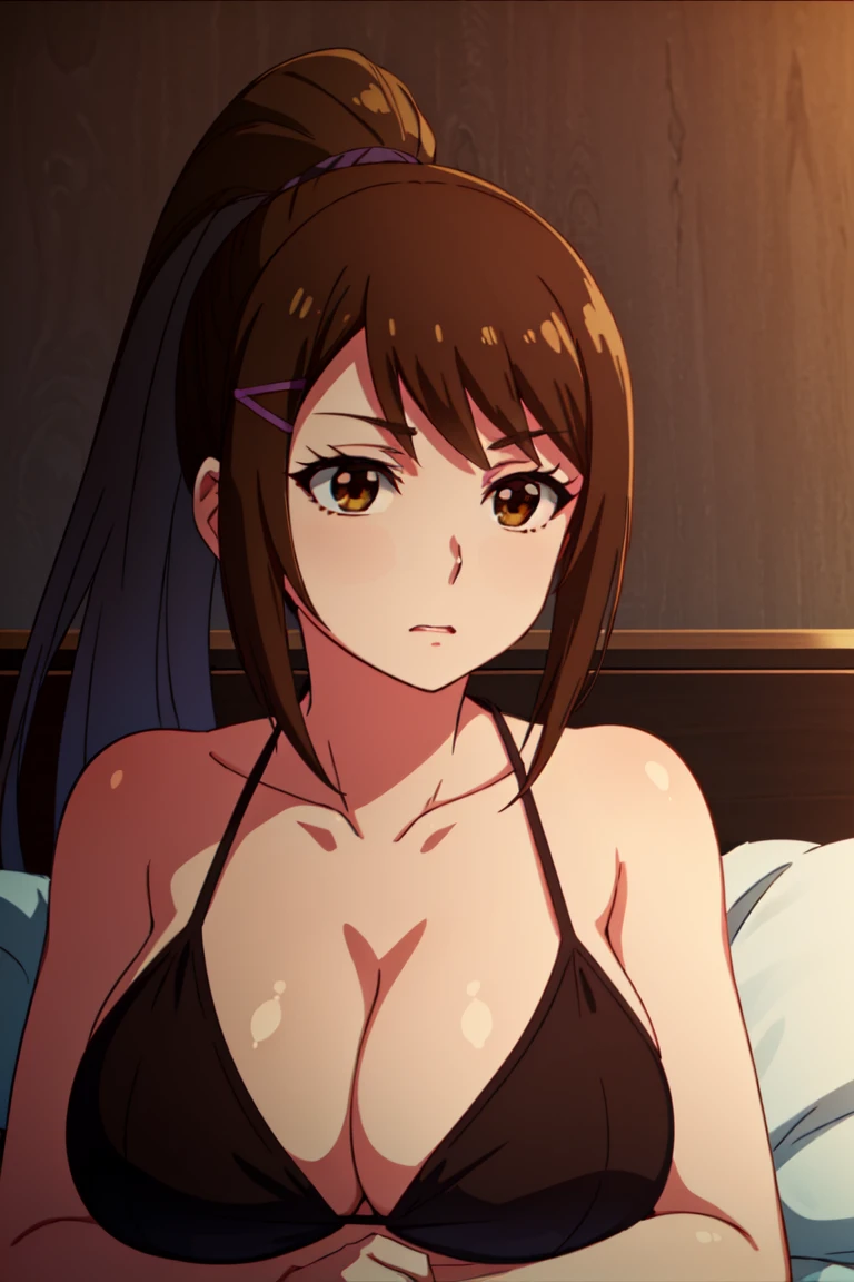 solo , big breasts ,busty , highest quality, masterpiece, High resolution, 1 girl, sae chabashira, (30 year old adult woman:1.5),long hair, (black髪:1.5), hair ornaments, (brown eyes:1.5), ponytail, hair clip, clavicle,black bikini , lying in bed: 1.1