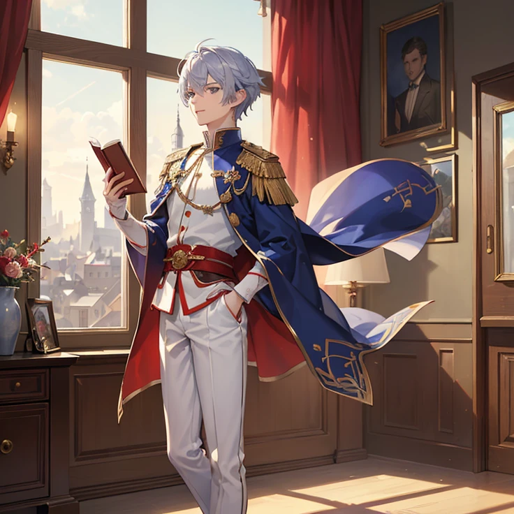 (masterpiece, best quality, detailed, Very detailed best high quality image, very detailed background, very detailed solo character)
{1ElfBoy: cute male, red short hair, short elf ears purple eyes, slender male body, handsome naive appearance, beautiful male naive face, pacifist demeanor, peaceful smile (His Clothing: blue danish styled noble prince uniform with rich silver details, white noble pants, red leather shoes),
Moment: He is walking around, holding a book with his right hand on his right hip
Scenery: viking modern street and city, with modern buildings styled of viking features}