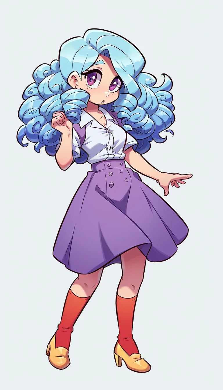 A cute teenage girl, beautiful beauty, big chest, long light blue hair, wavy soft curls, her purple eye, wears a white button-down shirt, wearing a gray sleeveless button-down vest, and a metallic purple skirt, pair of red socks, and yellow heels.