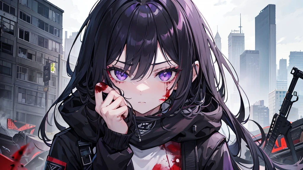 1girl, black long hair, purple eyes, glaring at viewer, wearing tactical gear, urban ruins, absurdres, high res, ultrasharp, 8K, masterpiece, blood on face, grime on face, 5 fingers on each hand, blood on face, grime on face