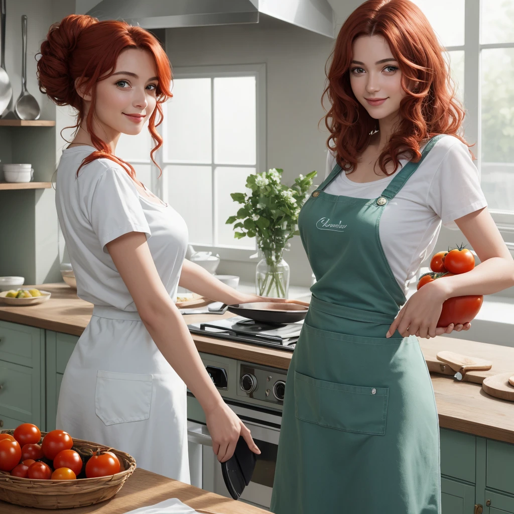 (masterpiece, Best quality, A high resolution, A high resolution:1.2), extremely detailed, realistic, complex parts, portrait at the table, Shot at eye level, Naomi, beautiful 27 year old European, European with natural breasts, in a white T-shirt , green apron apron , curly red hair, in cooking, cooking in the kitchen , From Side, smiling. (big in hands, glass, transparent jar with tomatoes). Correct hands and fingers