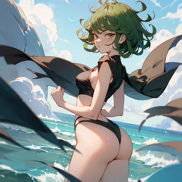 Tatsumaki in bikini with One Punch Man, showing your ass and looking at the horizon