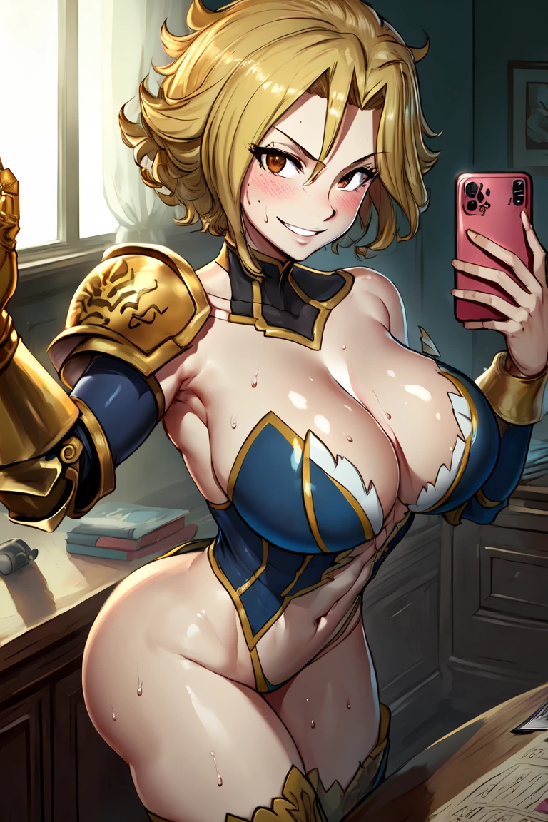 masterpiece, absurdres , (intricate details), (colorful),cinematic lighting,bust shot,extremely detailed CG unity 8k wallpaper, dimariayesta, shoulder armor, midriff, bare shoulders, looking at viewer, grin, navel, blush, cleavage, big breasts, seductive smile, selfie, armpits, sweaty armpits, nipples, pussy, holding breasts, hand on own breasts, hand on breasts, bouncing breasts,