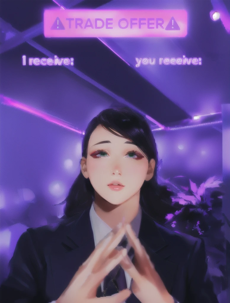 there is a woman in a suit and tie making a face, blacklight reacting, twitch streamer, very very low quality picture, his palms are sweaty, looking into camera, plump lips