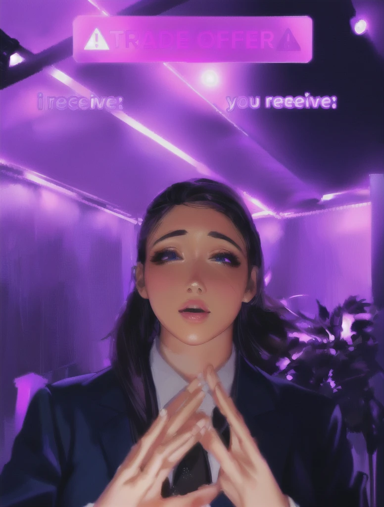 there is a woman in a suit and tie making a face, blacklight reacting, twitch streamer, very very low quality picture, his palms are sweaty, looking into camera, plump lips