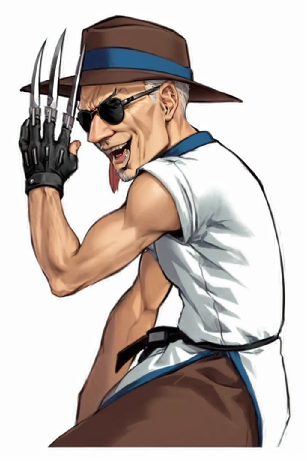 a cartoon of a man in a hat and sunglasses holding a knife, joe biden as character jojo, as a tekken character, Tezuka Osamu, Leiji Matsumoto, Pose rudo, fighting game character, king of fighters character, joe biden as anime villain, Kazuma Kaneko, comic character, thertrevkaiser