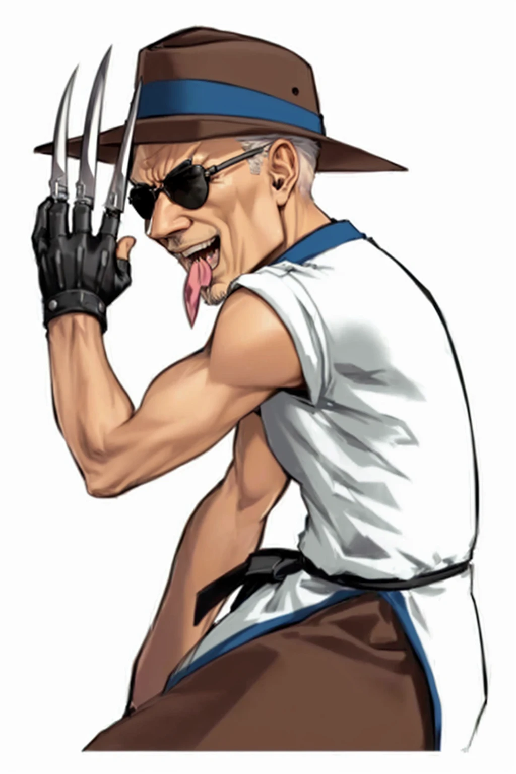 a cartoon of a man in a hat and sunglasses holding a knife, joe biden as character jojo, as a tekken character, Tezuka Osamu, Leiji Matsumoto, Pose rudo, fighting game character, king of fighters character, joe biden as anime villain, Kazuma Kaneko, comic character, thertrevkaiser