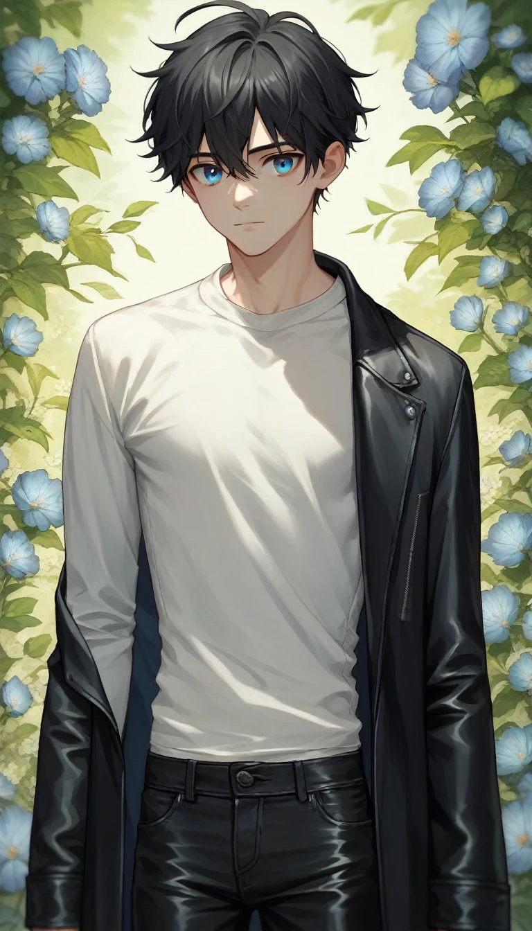 Young man, 24 years old, tall, with long black hair and pale skin, blue eyes  , in a faded cloak of black leather  , black pants , white shirt with flowers