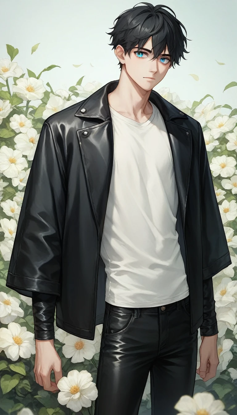Young man, 24 years old, tall, with long black hair and pale skin, blue eyes , in a faded cloak of black leather , black pants , white shirt with flowers