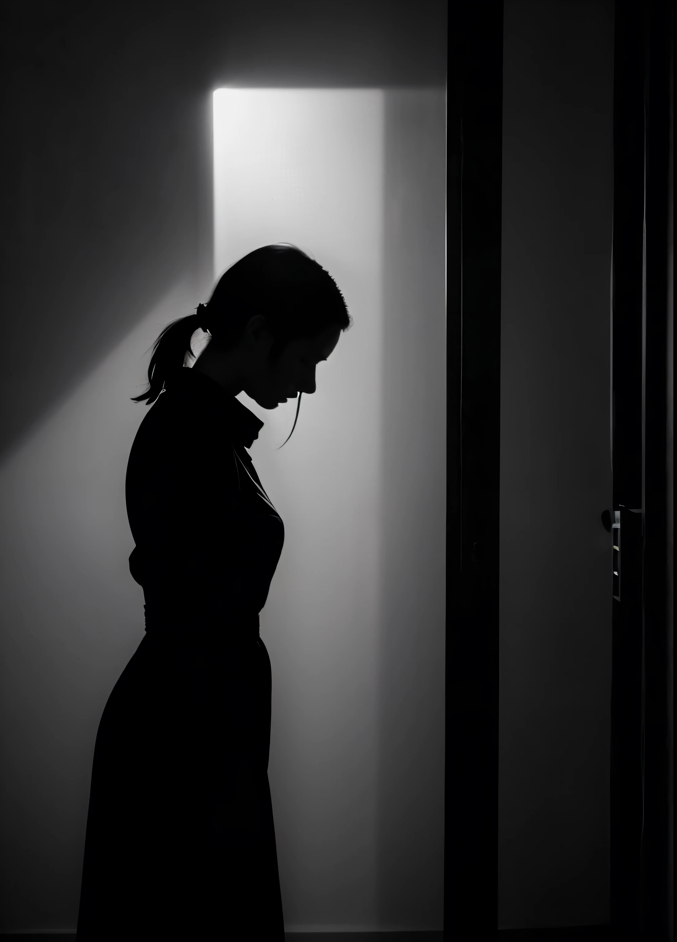 A faceless portrait depicting a woman standing alone in a dimly lit room., surrounded by shadows that seem to envelop her. His silhouette is illuminated by a lone ray of light filtering through a nearby window.., Casting haunting shadows across the walls. Despite the lack of facial features., his body language exudes a palpable sense of sadness, loneliness, or introspection. The mood is charged with emotion., evoking a deep, profound feeling of melancholy or contemplation.