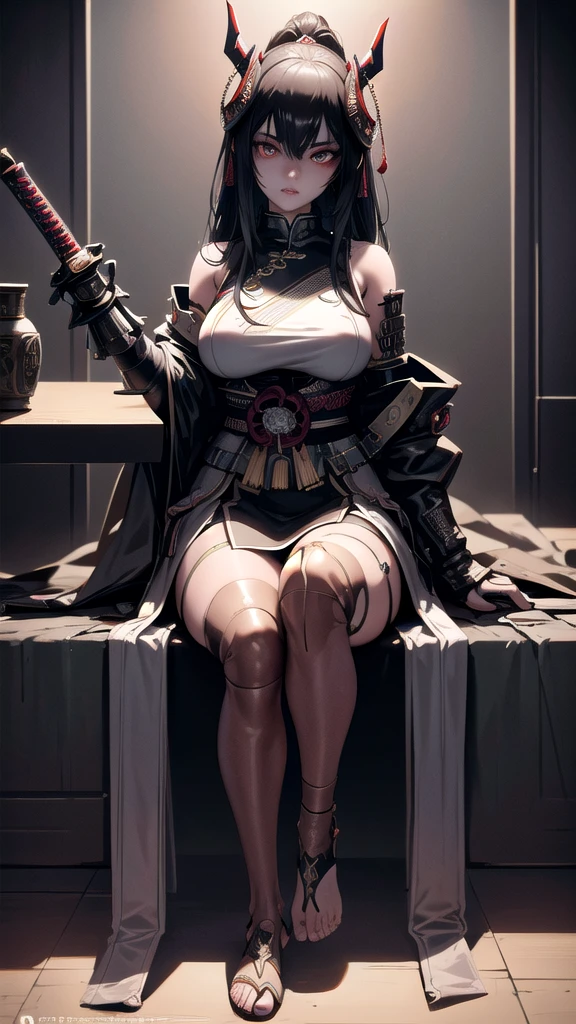 Surreal version of a woman sitting down on one knee with a sword in her hand, Sitting on a chair, very beautiful cyberpunk samurai, anime cyberpunk art, cyberpunk samurai, cyberpunk anime art, cyberpunk anime, cgsociety 9, anime art digital cyberpunk, style of maciej kuciara .1girl, samurai armor, devil mask helmet, intricate, detailed ornaments, cool colors, metallic, Egyptian details, very intricate details , realistic lighting, trending on cgsociety, glowing eyes, facing camera, neon details, ultra realistic details, full body portraits, Japanese atmosphere, global illumination, dark, octane rendering, 8k, super sharp ta.cool.