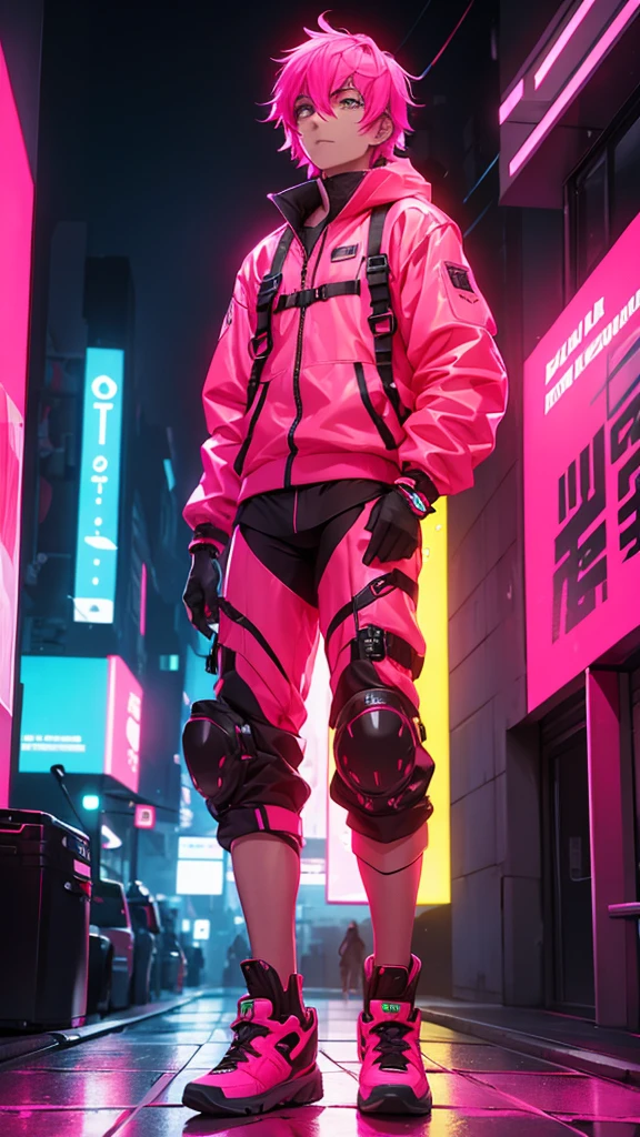 A man in neon red and neon pink cybernetic outfit full body