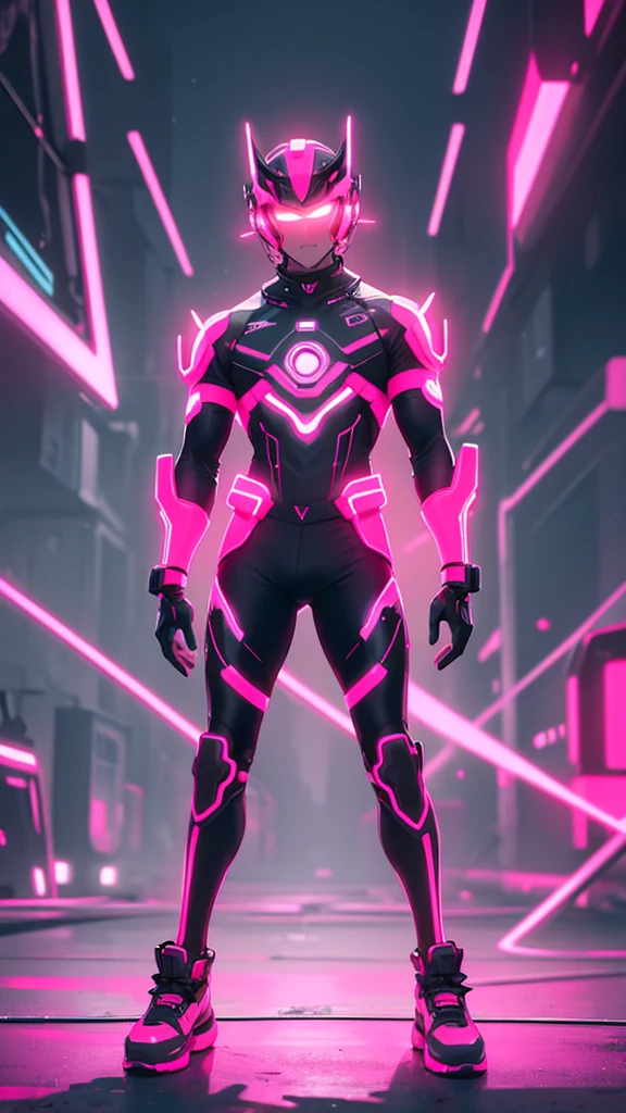 A man in neon red and neon pink cybernetic outfit full body