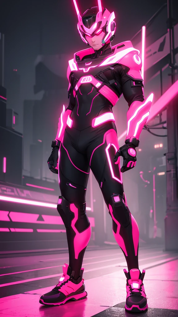 A man in neon red and neon pink cybernetic outfit full body