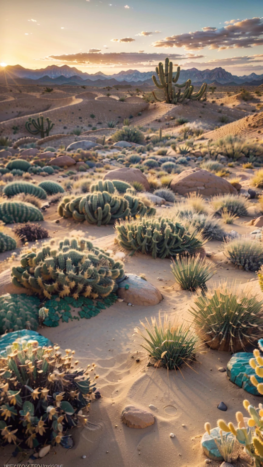 (best quality, 4k, 8k, highres, masterpiece:1.2), ultra-detailed, (realistic, photorealistic, photo-realistic:1.37), detailed desert landscape, golden sunset, reeds, stones, sand, grasses, bushes, distributed across terrain, desert plants, cacti, xerophytic vegetation, serene, tranquil, atmospheric, dramatic lighting, vibrant colors, cinematic composition