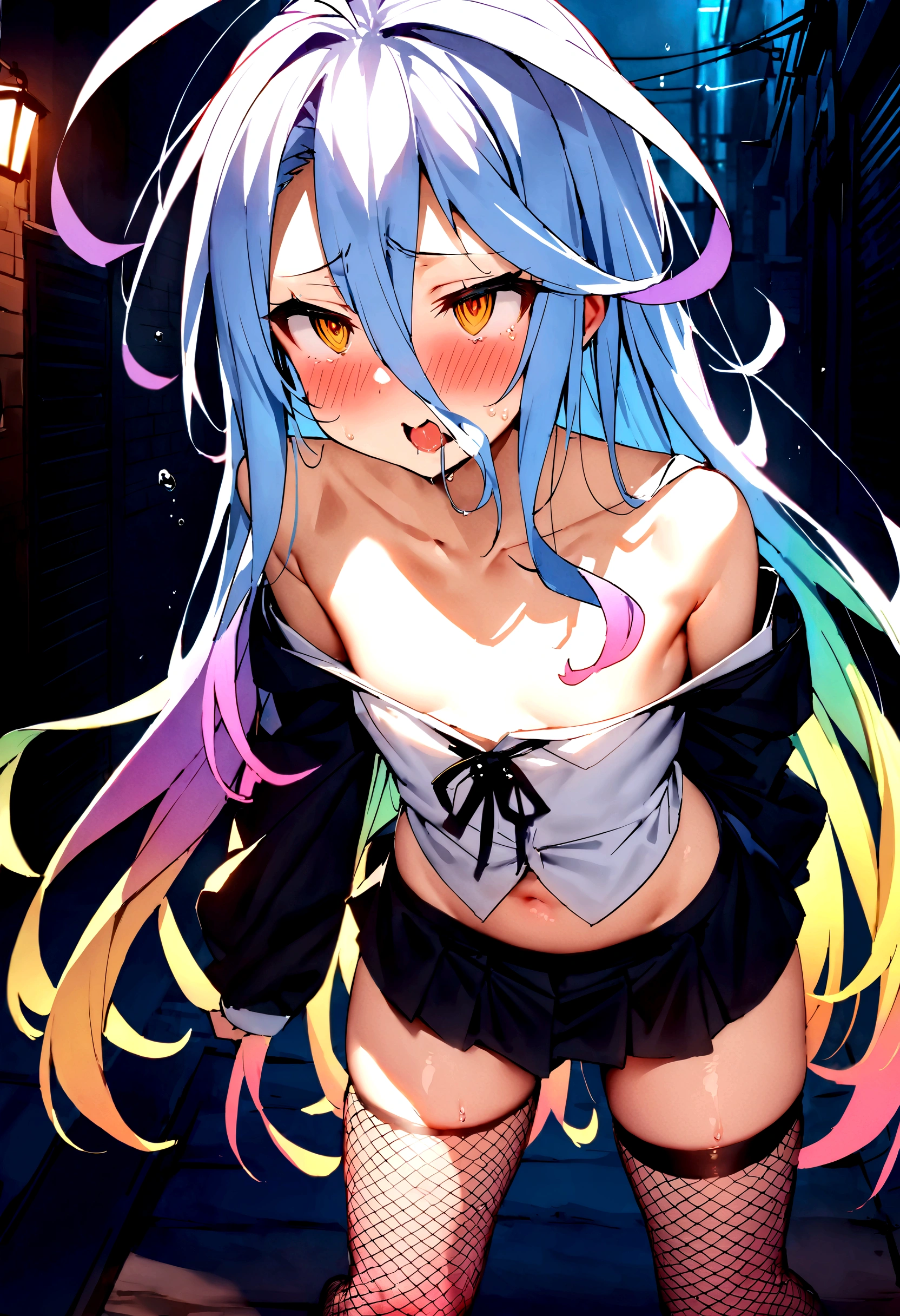 ????,masterpiece,Highest quality,High resolution,Super detailed,Shiro \(no game No life\),Long Hair,Multicolored Hair,Hair between the eyes,Gradient Hair,Yellow Eyes,Flat ?????,Slave,Off the shoulder,cropped,Micro Mini Skirt,Fishnet tights,Downtown at night,alley,Oho face,Embarrassed,blush,Leg spread,??????,Falling into Pleasure,??????,Squirting,??????,Roll your eyes、squint,??????????,One man,??????????