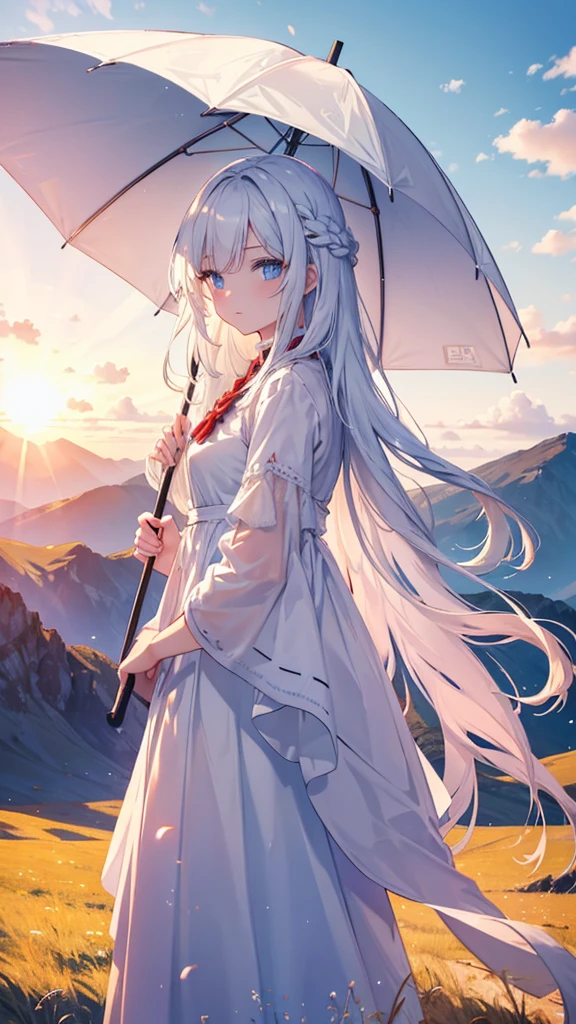 Masterpiece, highres, 1 girl, wallpaper. A young beautiful girl with white hair, white skin, blue eyes. She has long hair, her hair blows in the wind. She wears a red beautiful dress, looks at viewer and holds a long umbrella. A breathtaking landscape, with vibrant colors illuminating the sky. The sun is at high noon , casting golden rays across the landscape. The sky is a gradient of warm colors The entire scene is serene and majestic, capturing the beauty of the girl. The landscape is mountain