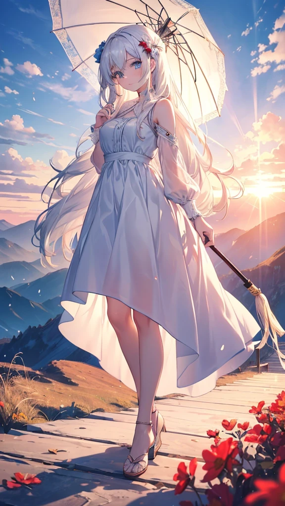 Masterpiece, highres, 1 girl, wallpaper. A young beautiful girl with white hair, white skin, blue eyes. She has long hair, her hair blows in the wind. She wears a red beautiful dress, looks at viewer and holds a long umbrella. A breathtaking landscape, with vibrant colors illuminating the sky. The sun is at high noon , casting golden rays across the landscape. The sky is a gradient of warm colors The entire scene is serene and majestic, capturing the beauty of the girl. The landscape is mountain