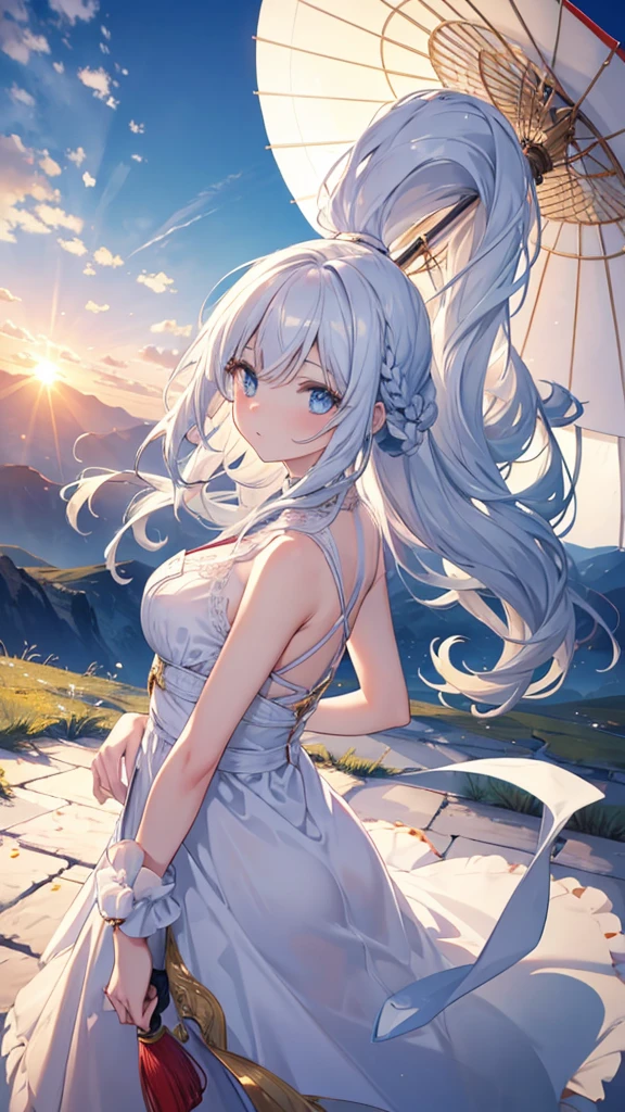 Masterpiece, highres, 1 girl, wallpaper. A young beautiful girl with white hair, white skin, blue eyes. She has long hair, her hair blows in the wind. She wears a red beautiful dress, looks at viewer and holds a long umbrella. A breathtaking landscape, with vibrant colors illuminating the sky. The sun is at high noon , casting golden rays across the landscape. The sky is a gradient of warm colors The entire scene is serene and majestic, capturing the beauty of the girl. The landscape is mountain